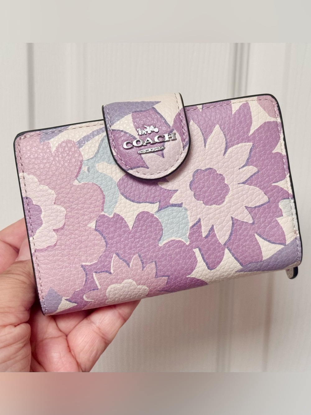 COACH Medium Corner Zip Wallet With Floral Print Ivory/Purple/Pink Multi CBO31